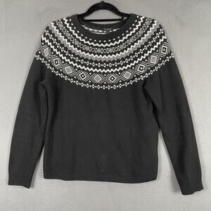 Talbots Sweater Pullover Womens M Black Crew Neck Fair Isle Cotton Rayon Nylon